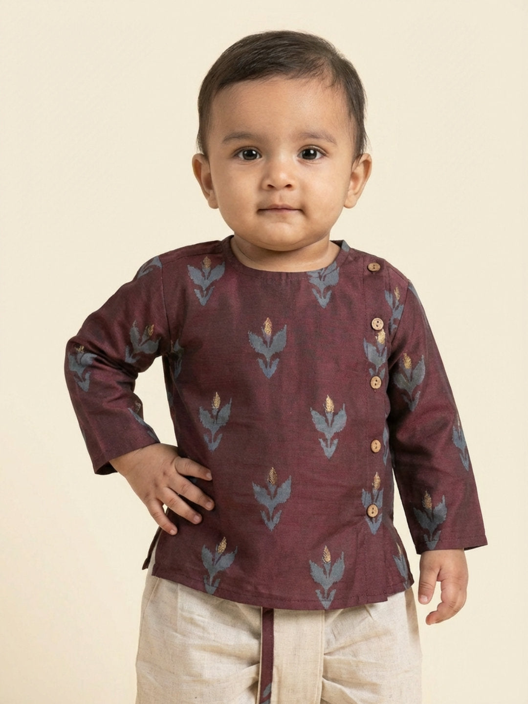 Biglilpeople Boys Maroon Round Neck Full Sleeves Angrakha Kurta and Dhoti Pants Set