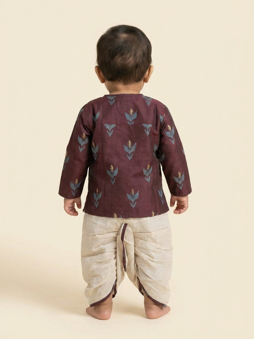 Biglilpeople Boys Maroon Round Neck Full Sleeves Angrakha Kurta and Dhoti Pants Set