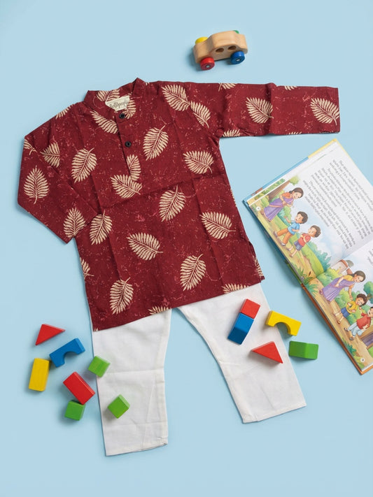 Biglilpeople Boys Maroon Leaf Print Mandarin Collar Full Sleeves Straight Kurta Pyjamas Set