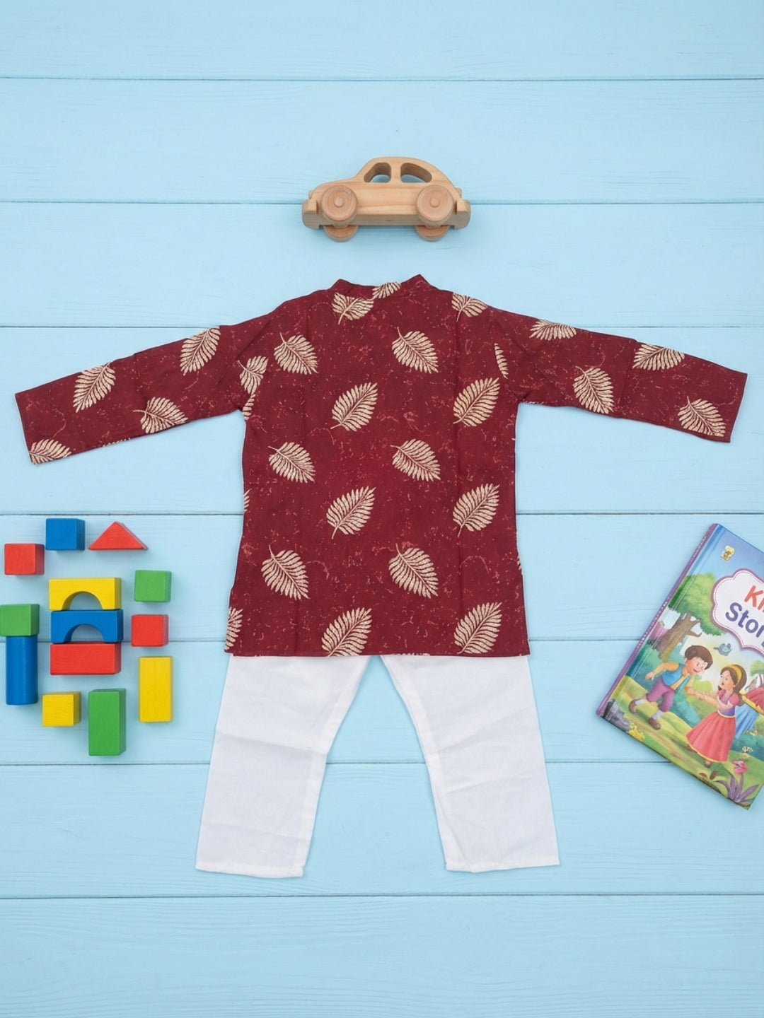 Biglilpeople Boys Maroon Leaf Print Mandarin Collar Full Sleeves Straight Kurta Pyjamas Set