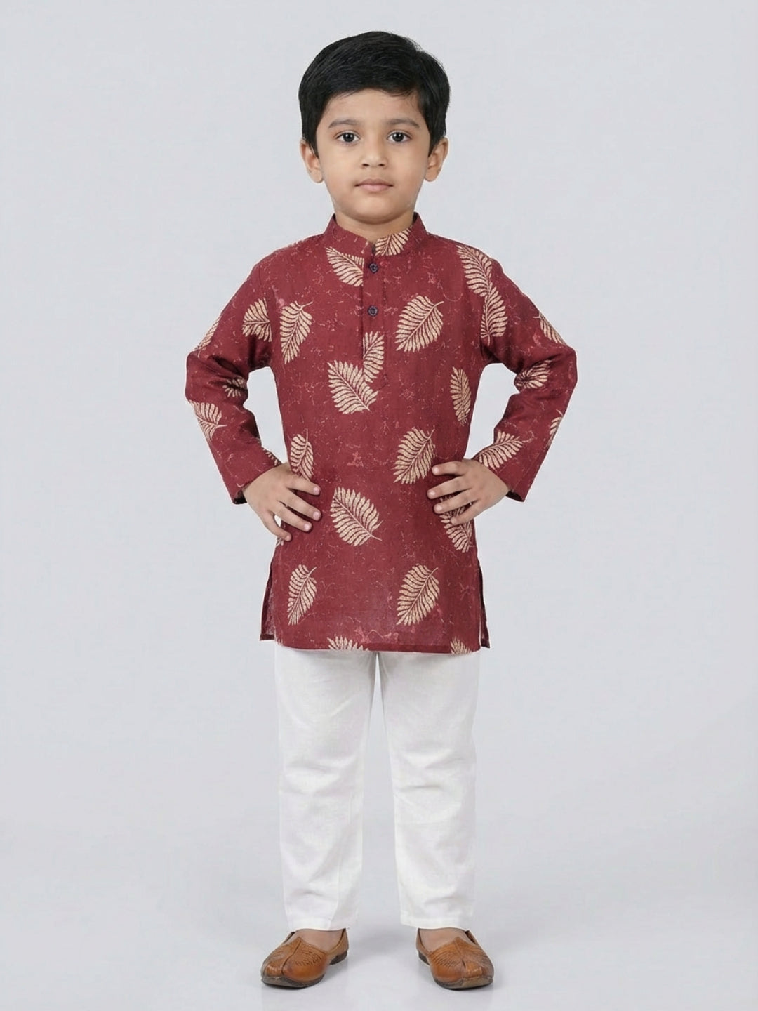 Biglilpeople Boys Maroon Leaf Print Mandarin Collar Full Sleeves Straight Kurta Pyjamas Set
