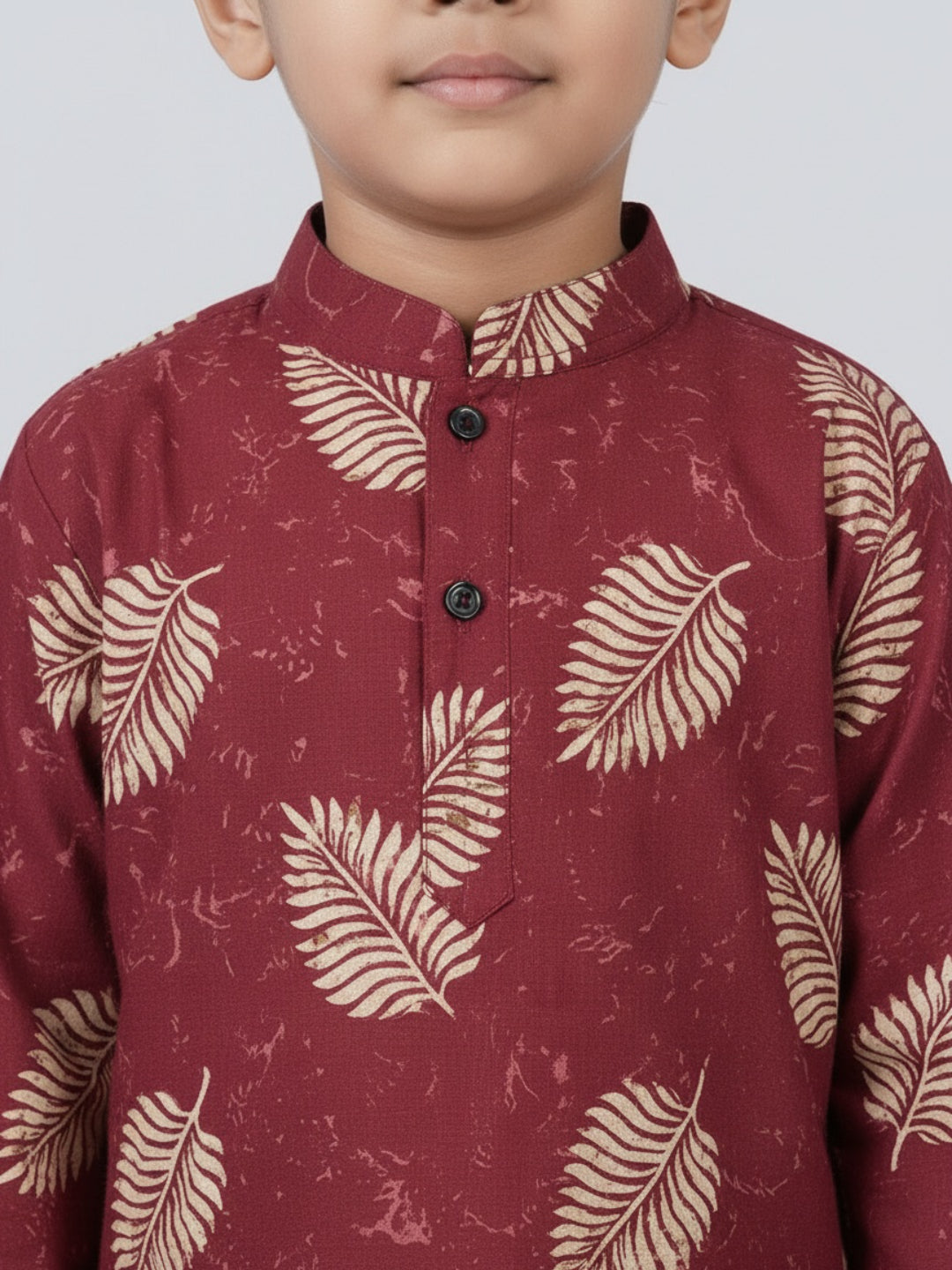 Biglilpeople Boys Maroon Leaf Print Mandarin Collar Full Sleeves Straight Kurta Pyjamas Set