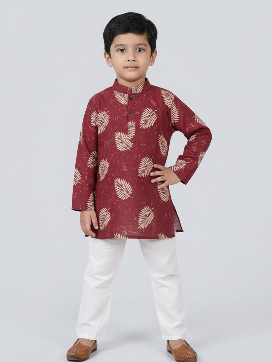 Biglilpeople Boys Maroon Leaf Print Mandarin Collar Full Sleeves Straight Kurta Pyjamas Set
