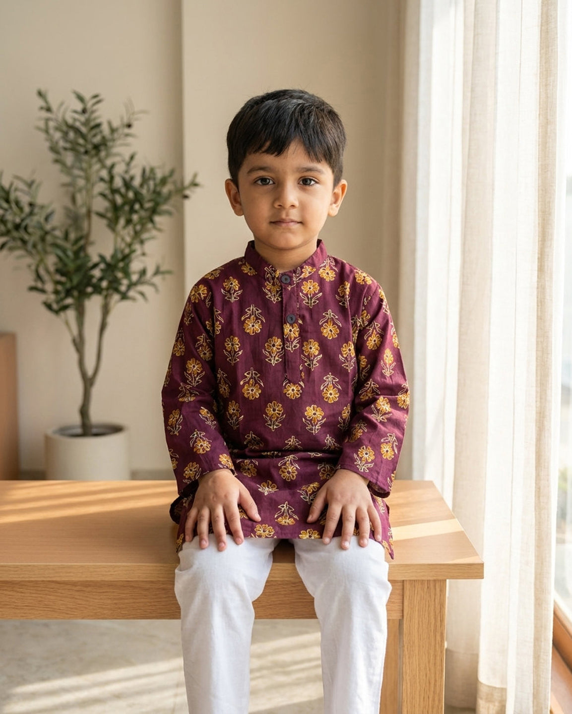 Biglilpeople Boys Maroon Floral Printed Cotton Kurta with White Pants Set