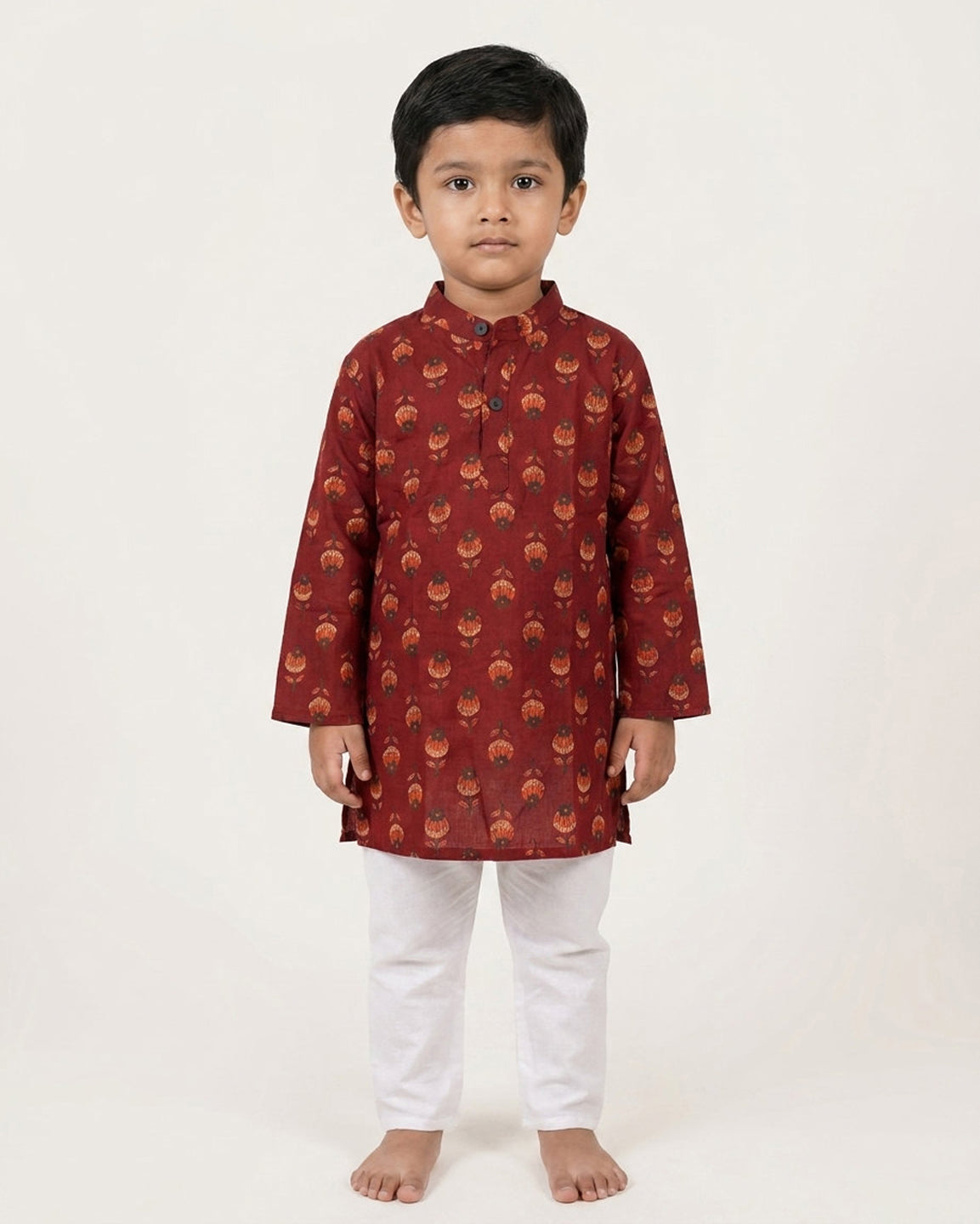Biglilpeople Boys Maroon Gold Motif Printed Cotton Kurta with White Pants Set
