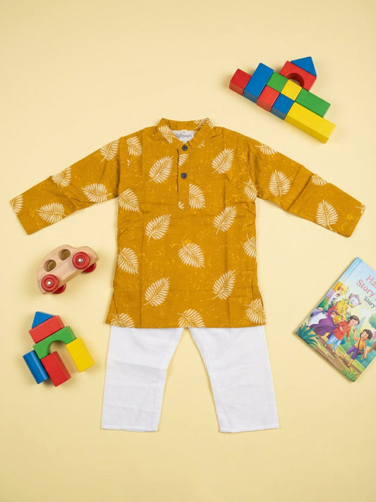 Biglilpeople Boys Mustard Yellow Leaf Print Mandarin Collar Full Sleeves Straight Kurta Pyjamas Set
