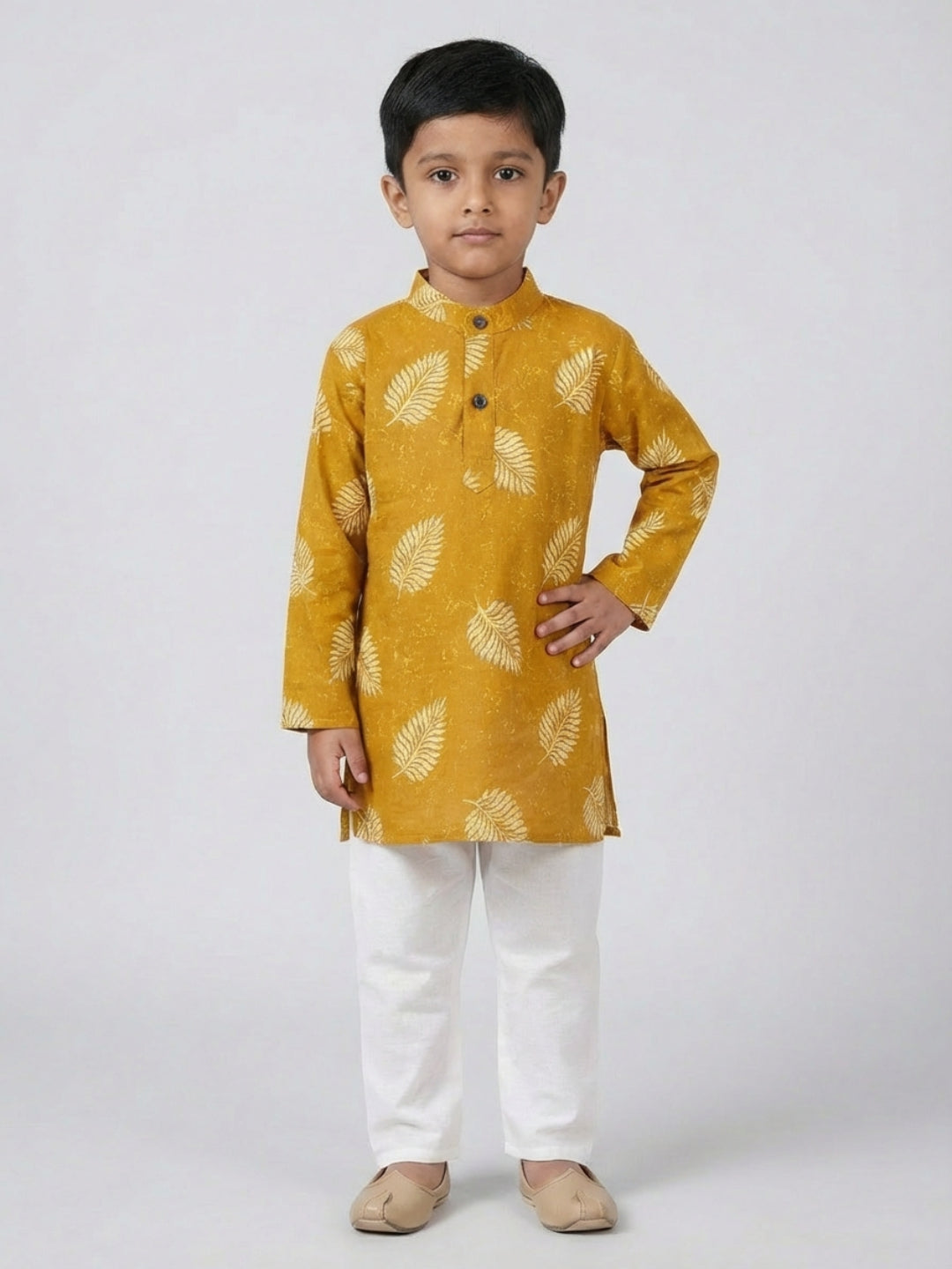 Biglilpeople Conjunto de Pijama Kurta Recto de Manga Larga con Estampado de Hojas y Cuello Mao en Color Amarillo Mostaza para Niño