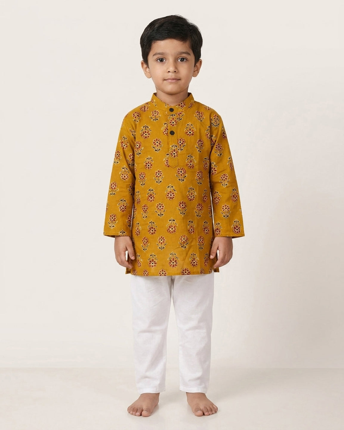 Biglilpeople Boys Mustard Yellow Floral Printed Cotton Kurta with White Pants Set