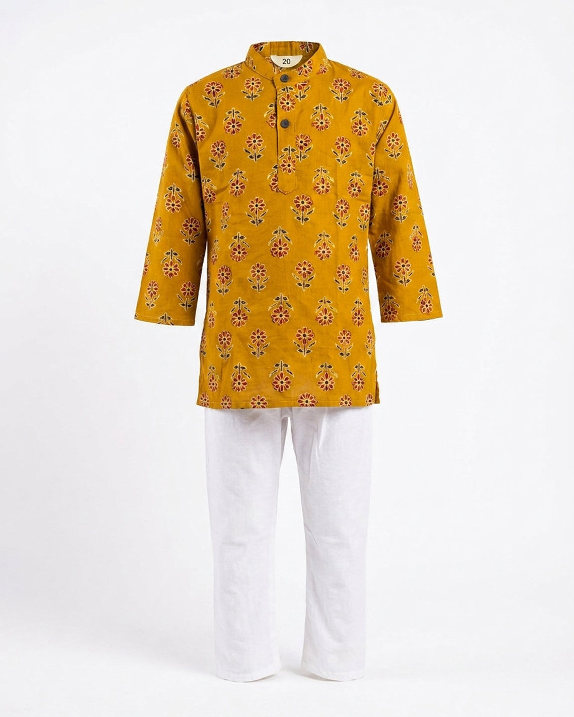 Biglilpeople Boys Mustard Yellow Floral Printed Cotton Kurta with White Pants Set