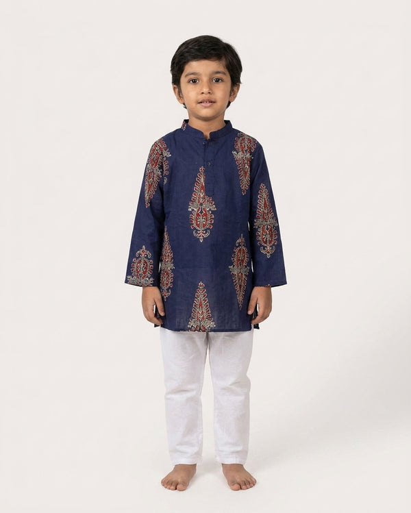 Biglilpeople Boys Navy Blue Printed Cotton Kurta with White Pant Set