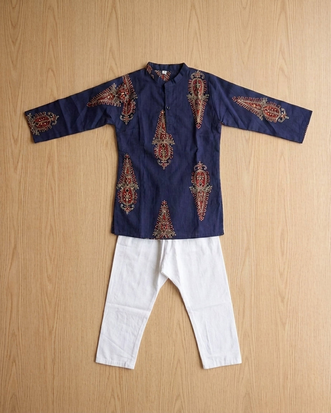 Biglilpeople Boys Navy Blue Printed Cotton Kurta with White Pant Set