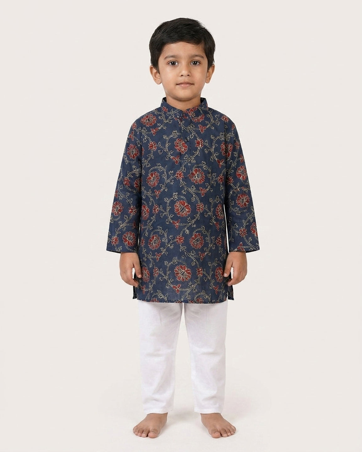 Biglilpeople Boys Floral Print Cotton Kurta with White Pants Set