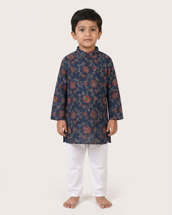 Biglilpeople Boys Floral Print Cotton Kurta with White Pants Set