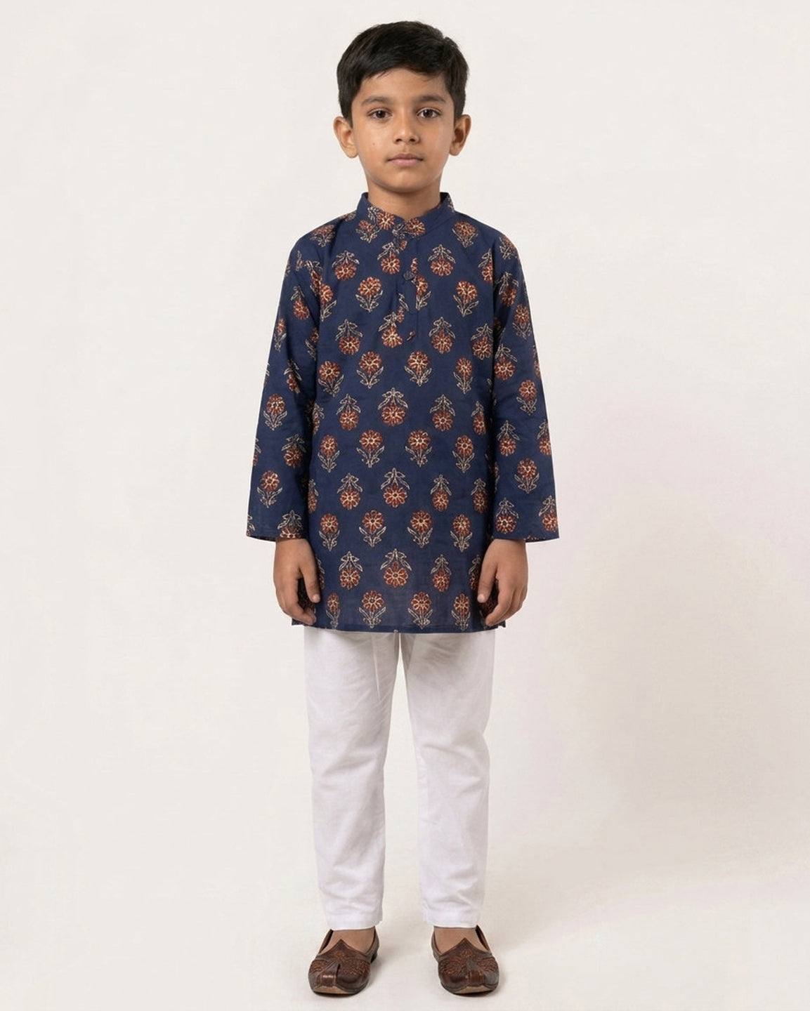 Biglilpeople Boys Navy Blue Floral Printed Cotton Kurta with White Pants Set