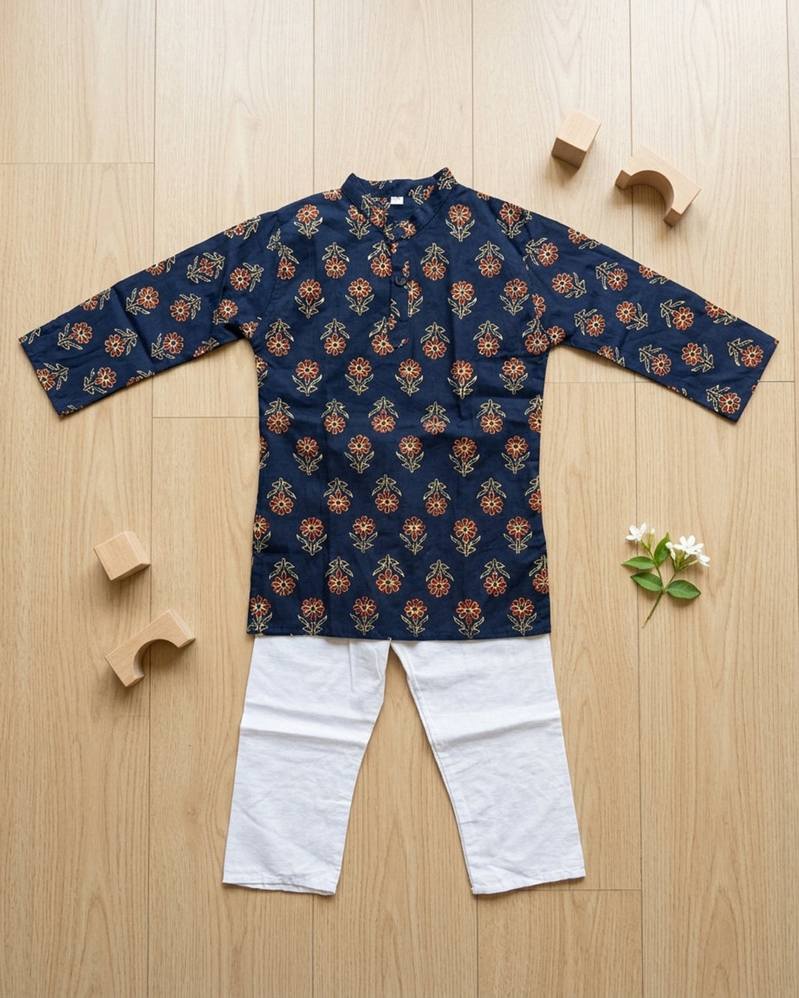 Biglilpeople Boys Navy Blue Floral Printed Cotton Kurta with White Pants Set