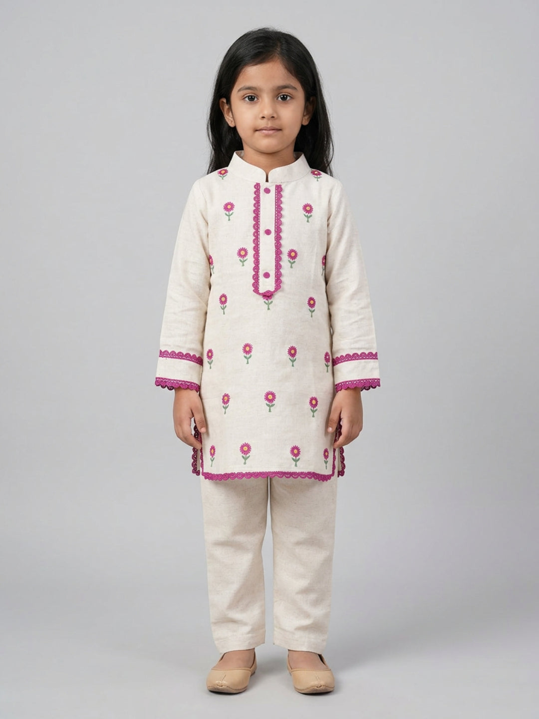 Biglilpeople Girls Ivory Hand Embroidered Straight Kurta Pyjamas Set