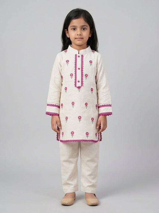 Biglilpeople Girls Off-White Hand Embroidered Straight Kurta Pyjamas Set