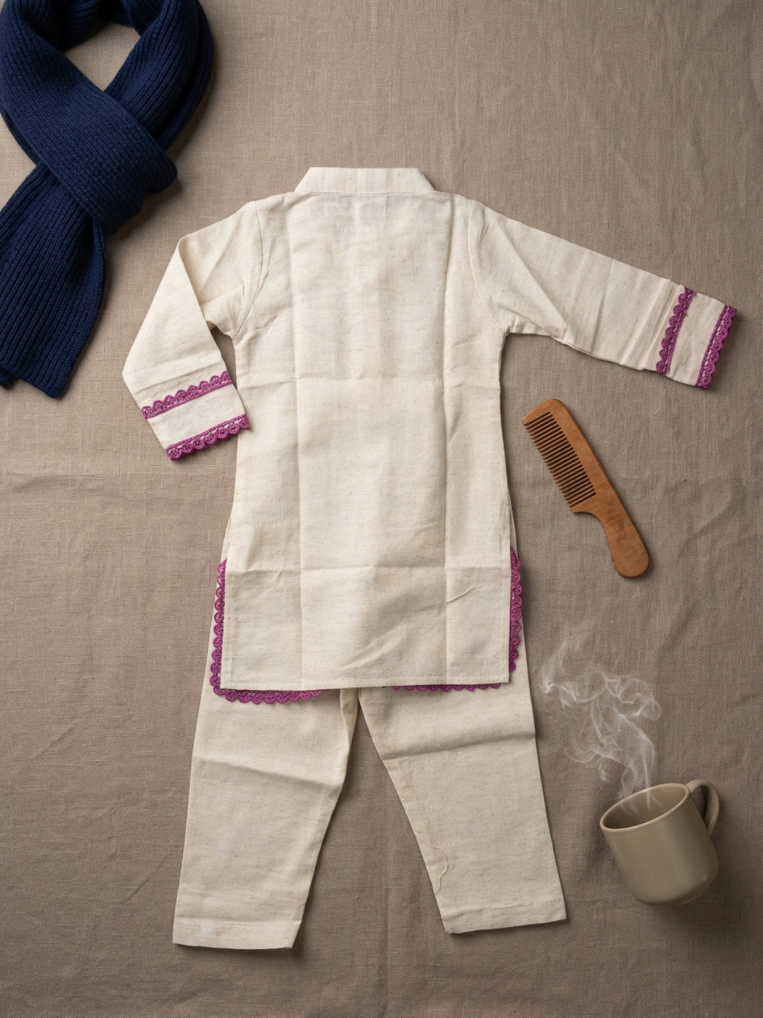 Biglilpeople Girls Ivory Hand Embroidered Straight Kurta Pyjamas Set