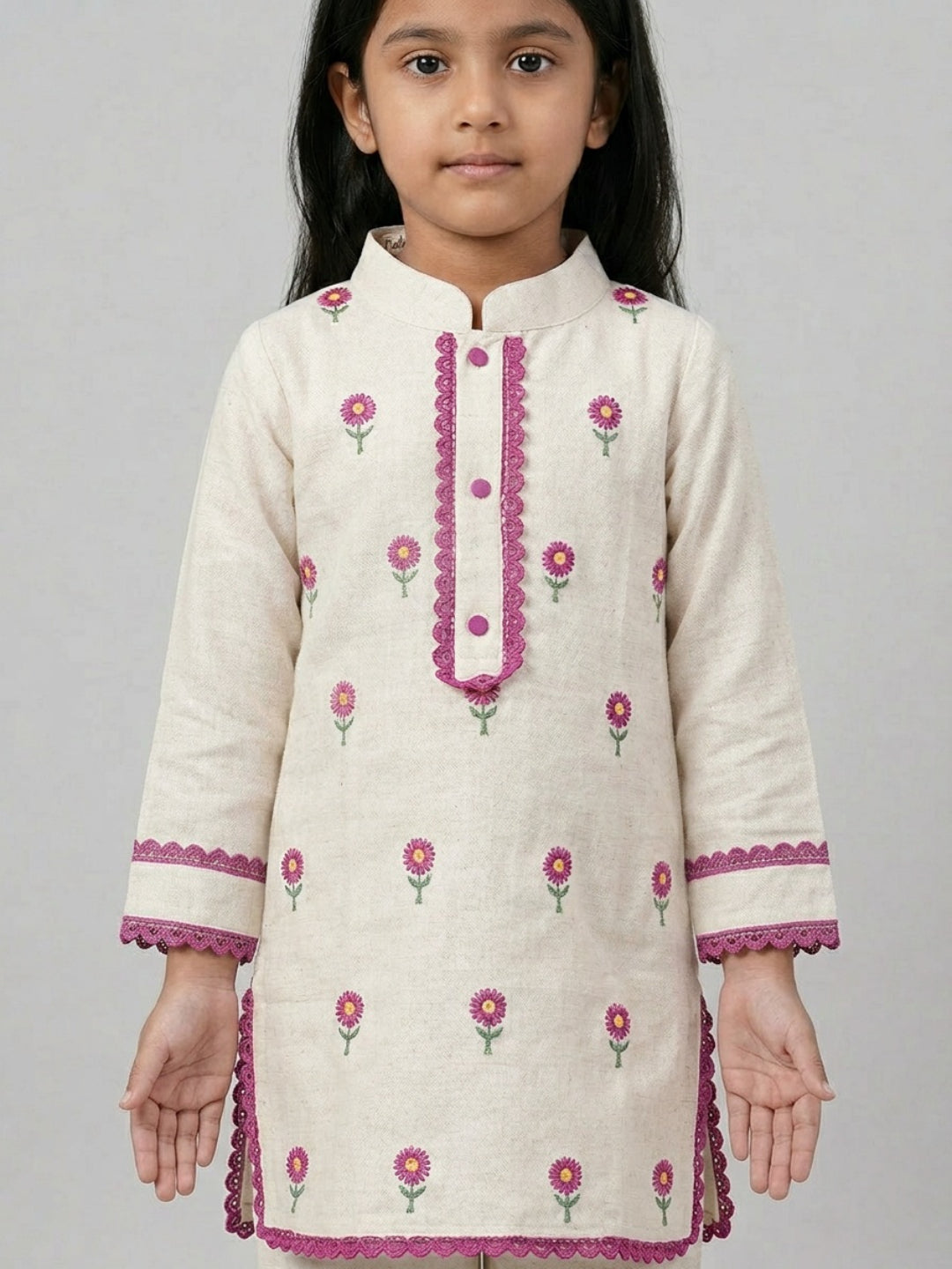 Biglilpeople Girls Ivory Hand Embroidered Straight Kurta Pyjamas Set