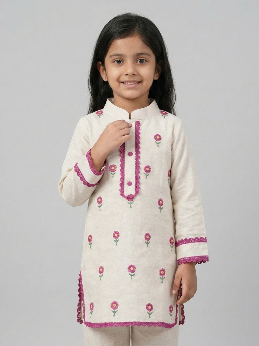 Biglilpeople Girls Ivory Hand Embroidered Straight Kurta Pyjamas Set