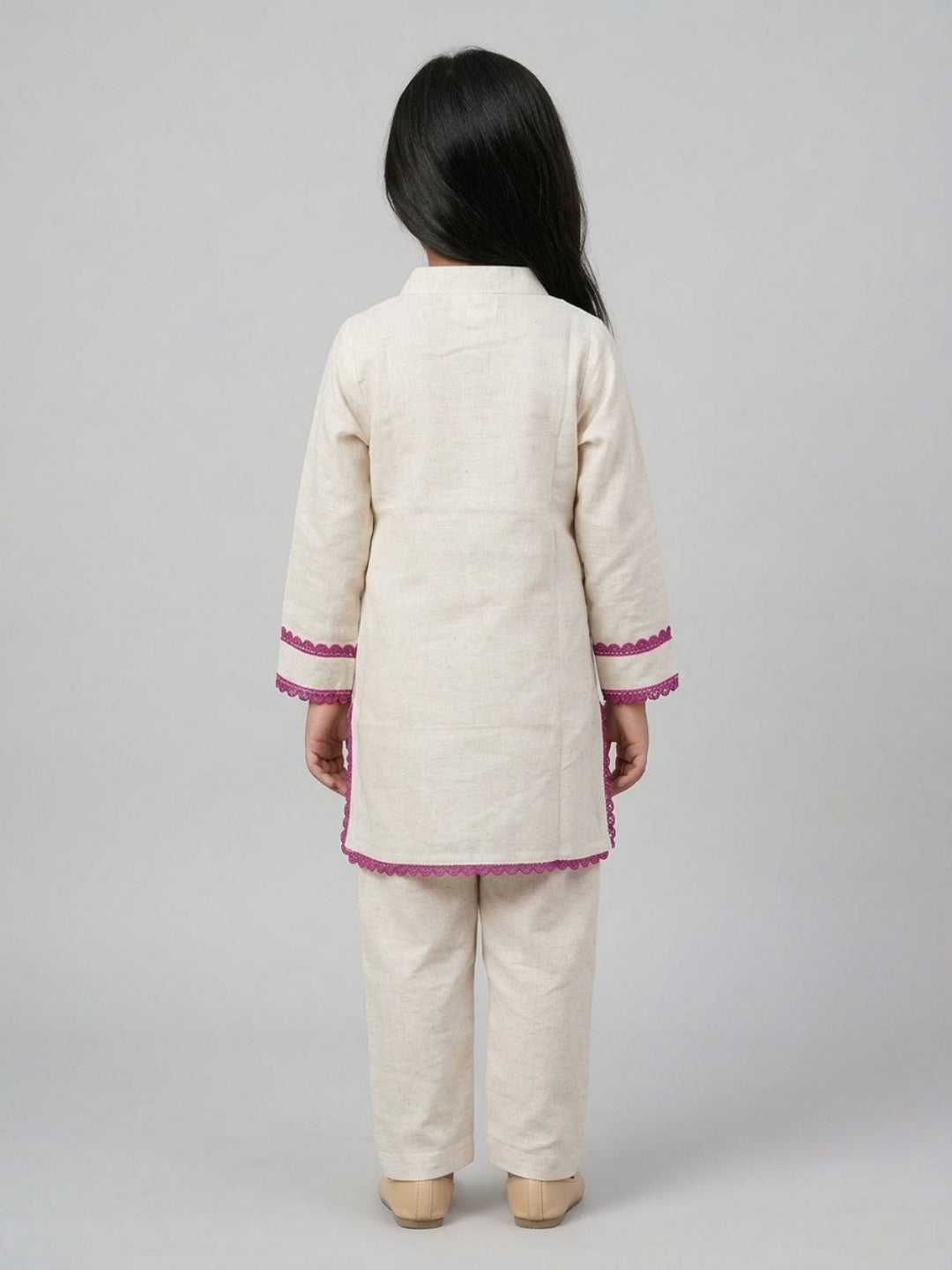 Biglilpeople Girls Ivory Hand Embroidered Straight Kurta Pyjamas Set