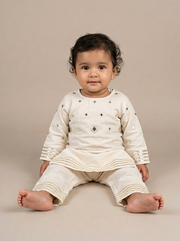 Biglilpeople Infant Girls Ivory Mirror Work Straight Kurta & Pyjamas Set
