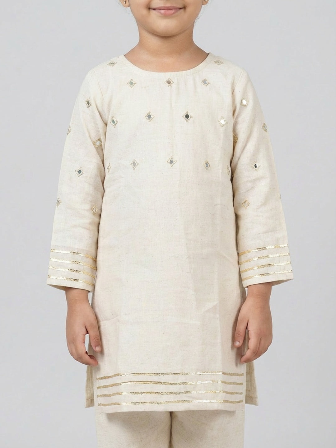 Biglilpeople Girls Ivory Mirror Work Straight Kurta & Pyjamas Set