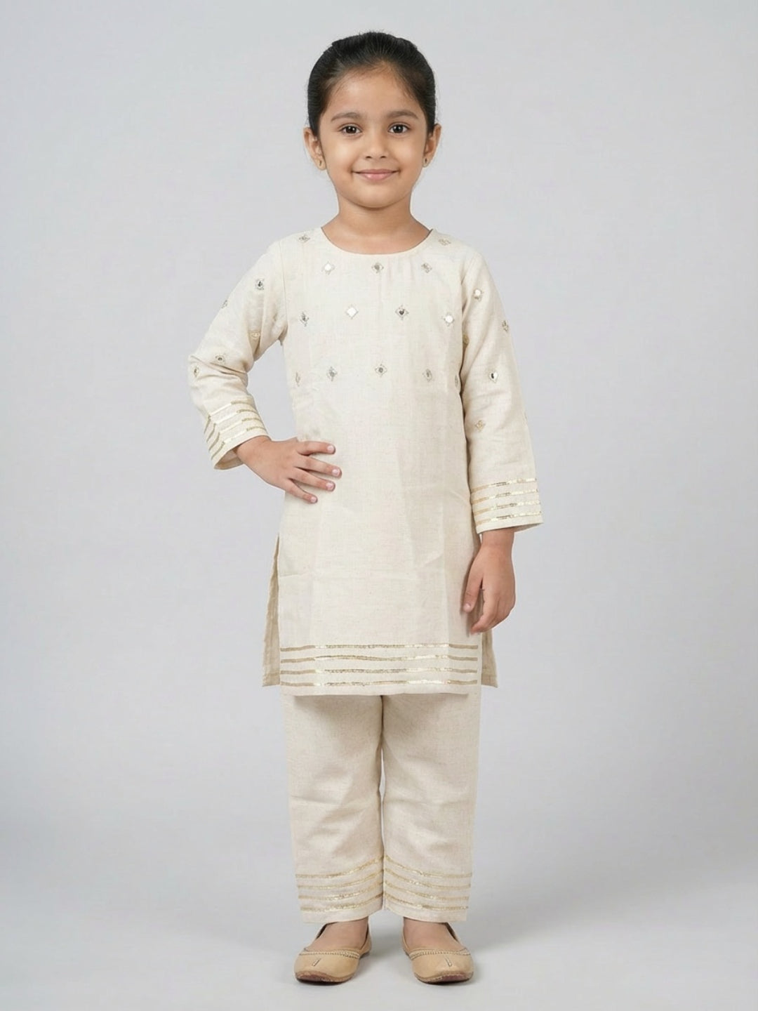 Biglilpeople Girls Ivory Mirror Work Straight Kurta & Pyjamas Set