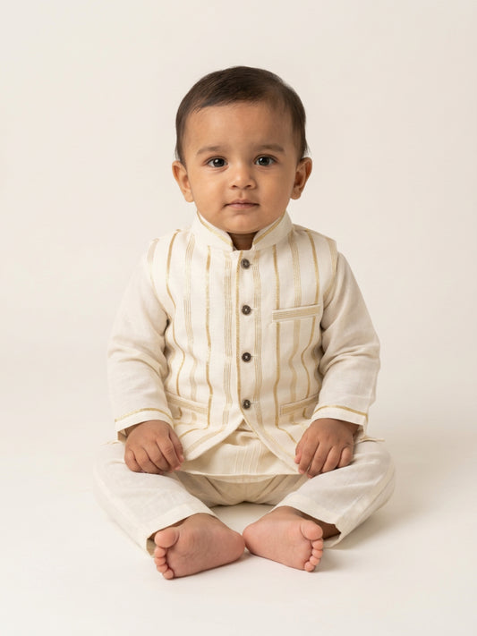 Biglilpeople Infant Boys Off-White Kurta Pyjama Set with Striped Nehru Jacket