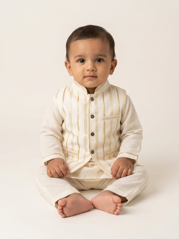 Biglilpeople Infant Boys Ivory Kurta Pyjama Set with Striped Nehru Jacket