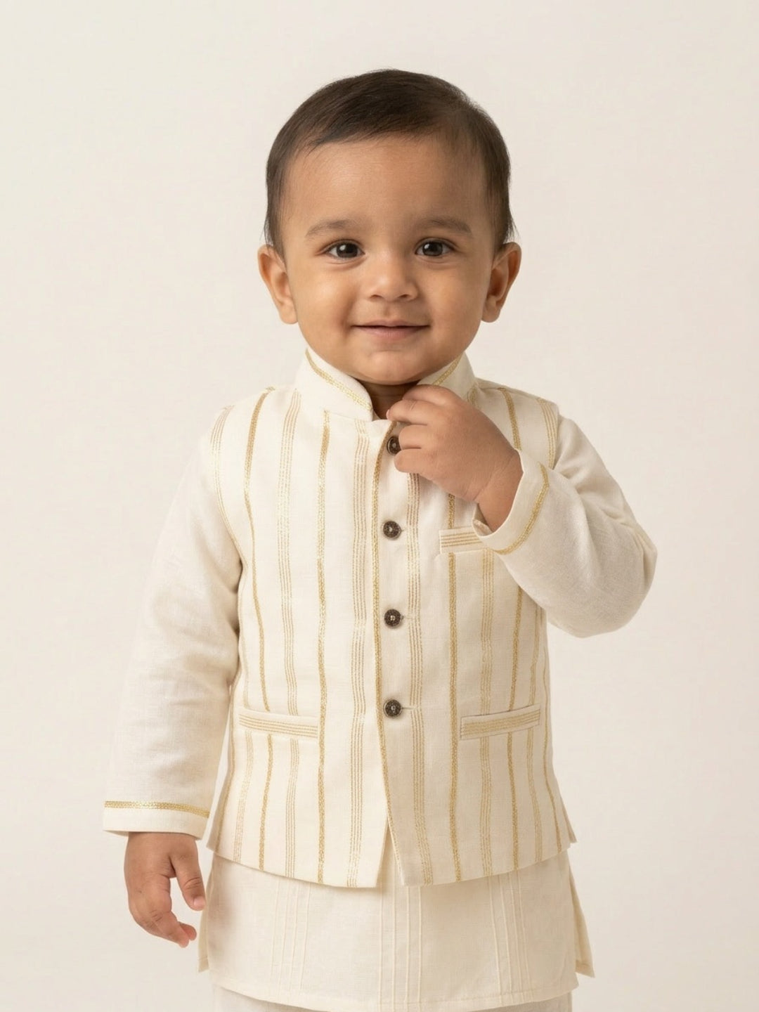 Conjunto de Kurta y Pijama Crudo para Bebés Niños de Biglilpeople con Chaleco Nehru a Rayas