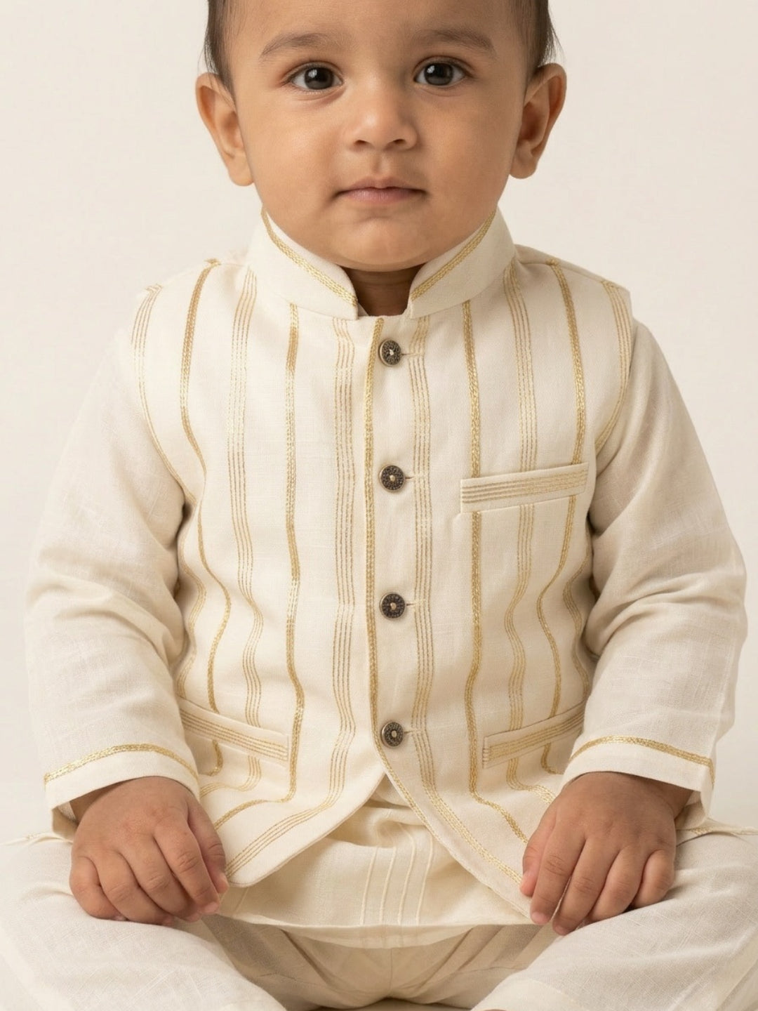 Conjunto de Kurta y Pijama Crudo para Bebés Niños de Biglilpeople con Chaleco Nehru a Rayas
