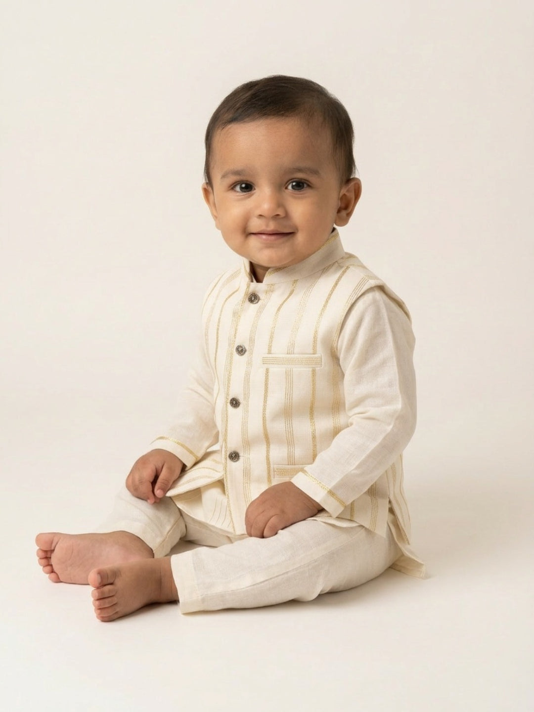 Conjunto de Kurta y Pijama Crudo para Bebés Niños de Biglilpeople con Chaleco Nehru a Rayas