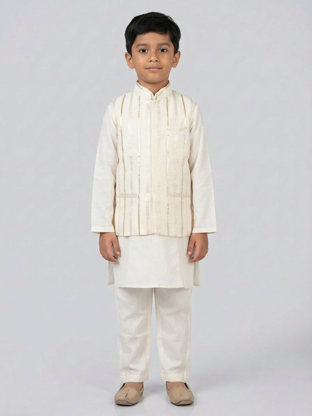 Conjunto de pijama de kurta y chaleco Nehru color blanco hueso para niños de Biglilpeople