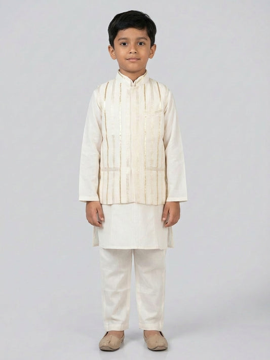 Biglilpeople Boys Off-White Kurta pyjama set with Nehru Jacket