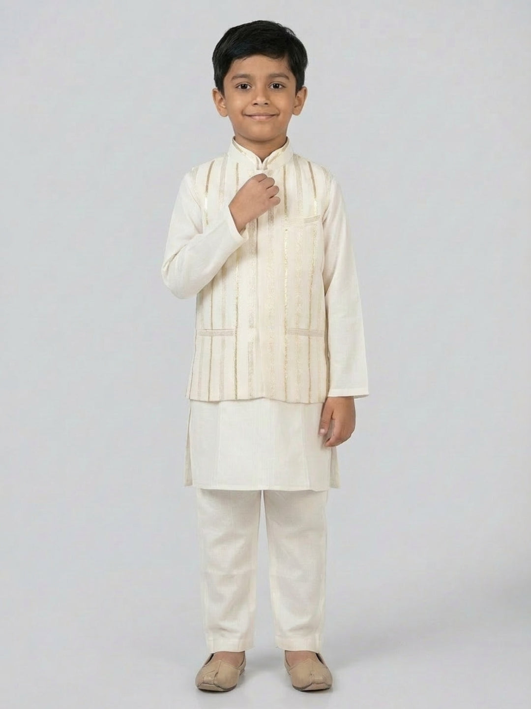 Conjunto de pijama de kurta y chaleco Nehru color blanco hueso para niños de Biglilpeople