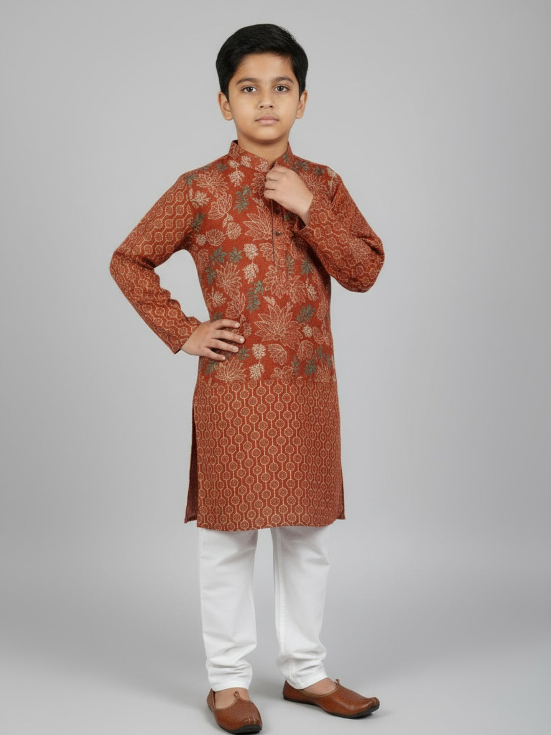 Boys Printed Kurta with Jacket and White Churidar Set
