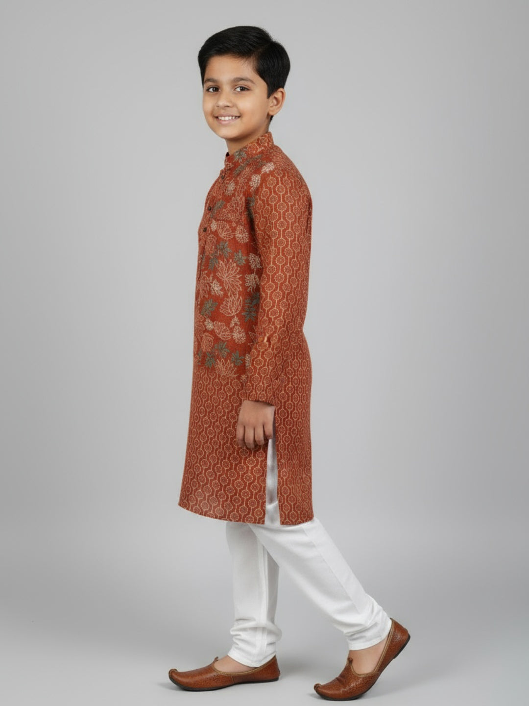 Boys Printed Kurta with Jacket and White Churidar Set