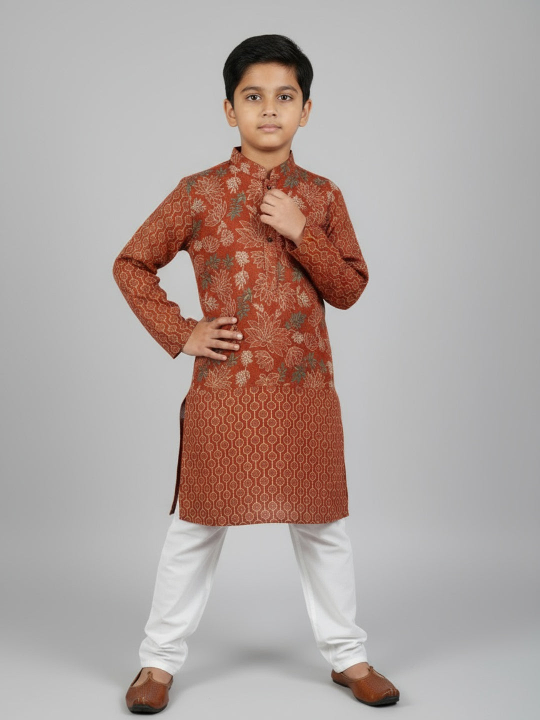 Boys Printed Kurta with Jacket and White Churidar Set