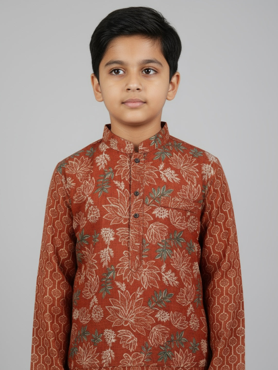 Boys Printed Kurta with Jacket and White Churidar Set