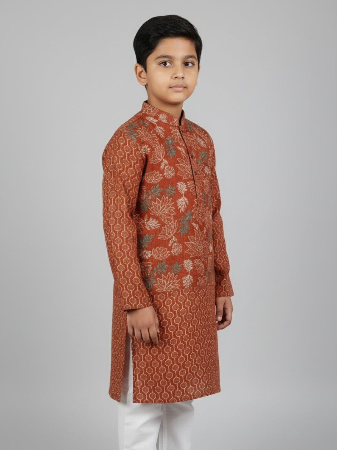 Boys Printed Kurta with Jacket and White Churidar Set