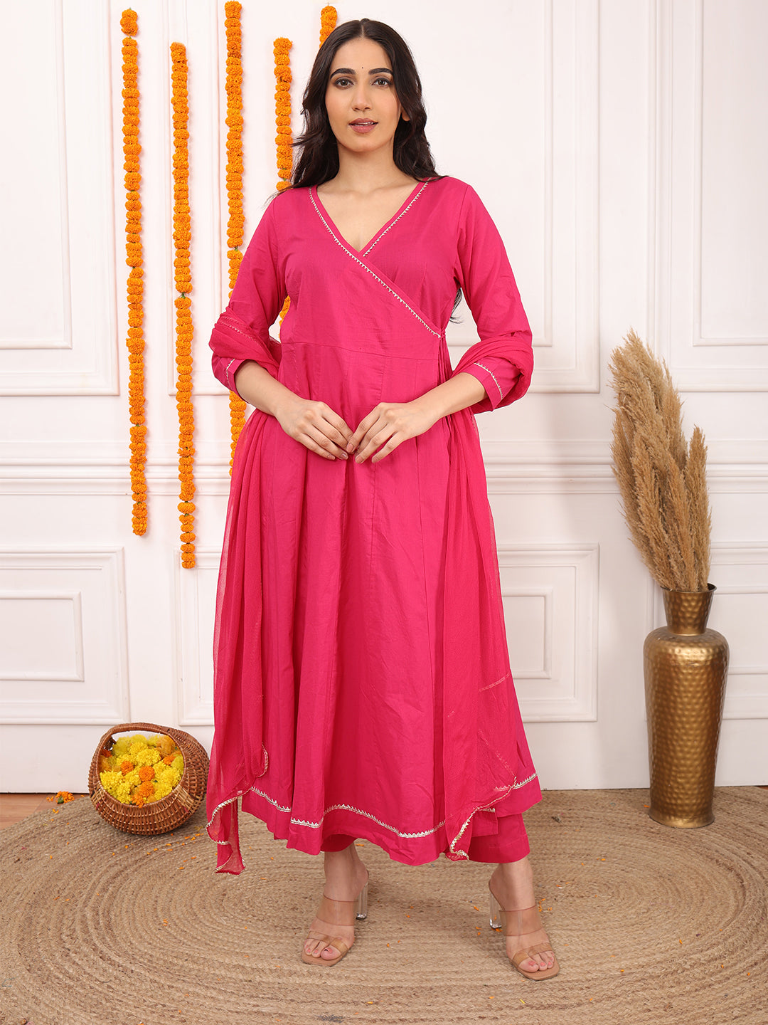 Biglilpeople Women's Solid V-Neck 3/4th Sleeves Angrakha Set