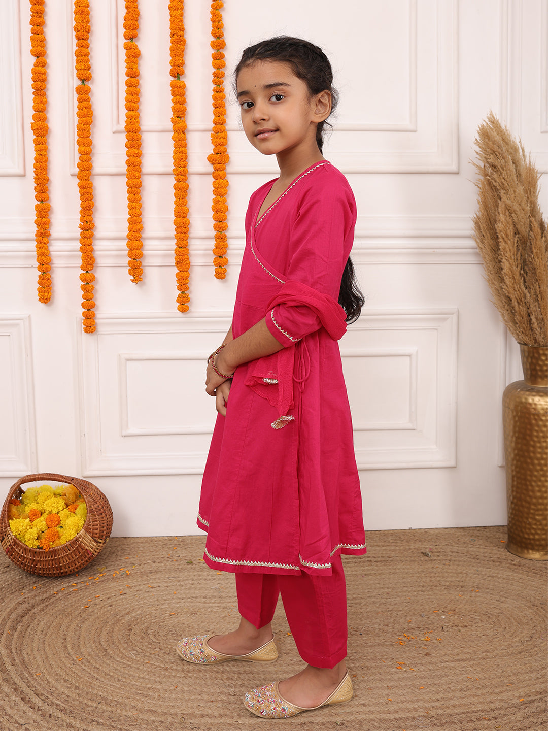 Biglilpeople Girls Solid V-Neck 3/4th Sleeves Angrakha Set
