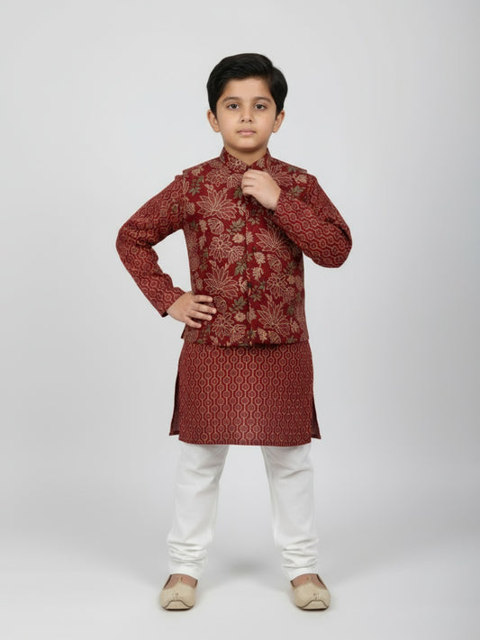 Boys Printed Kurta with Jacket and White Churidar Set
