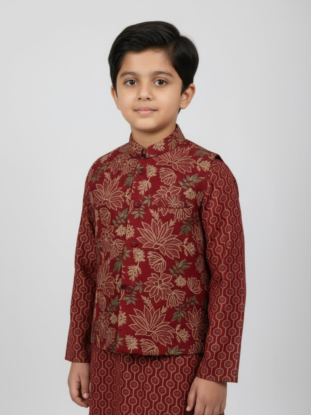Boys Printed Kurta with Jacket and White Churidar Set