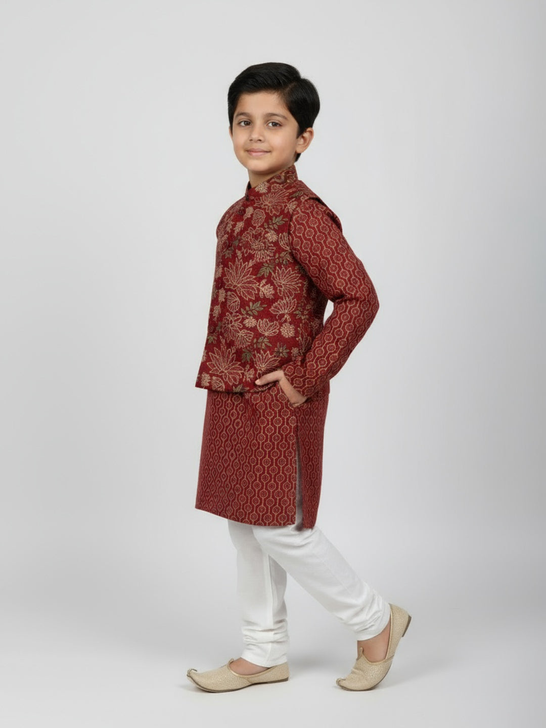 Boys Printed Kurta with Jacket and White Churidar Set