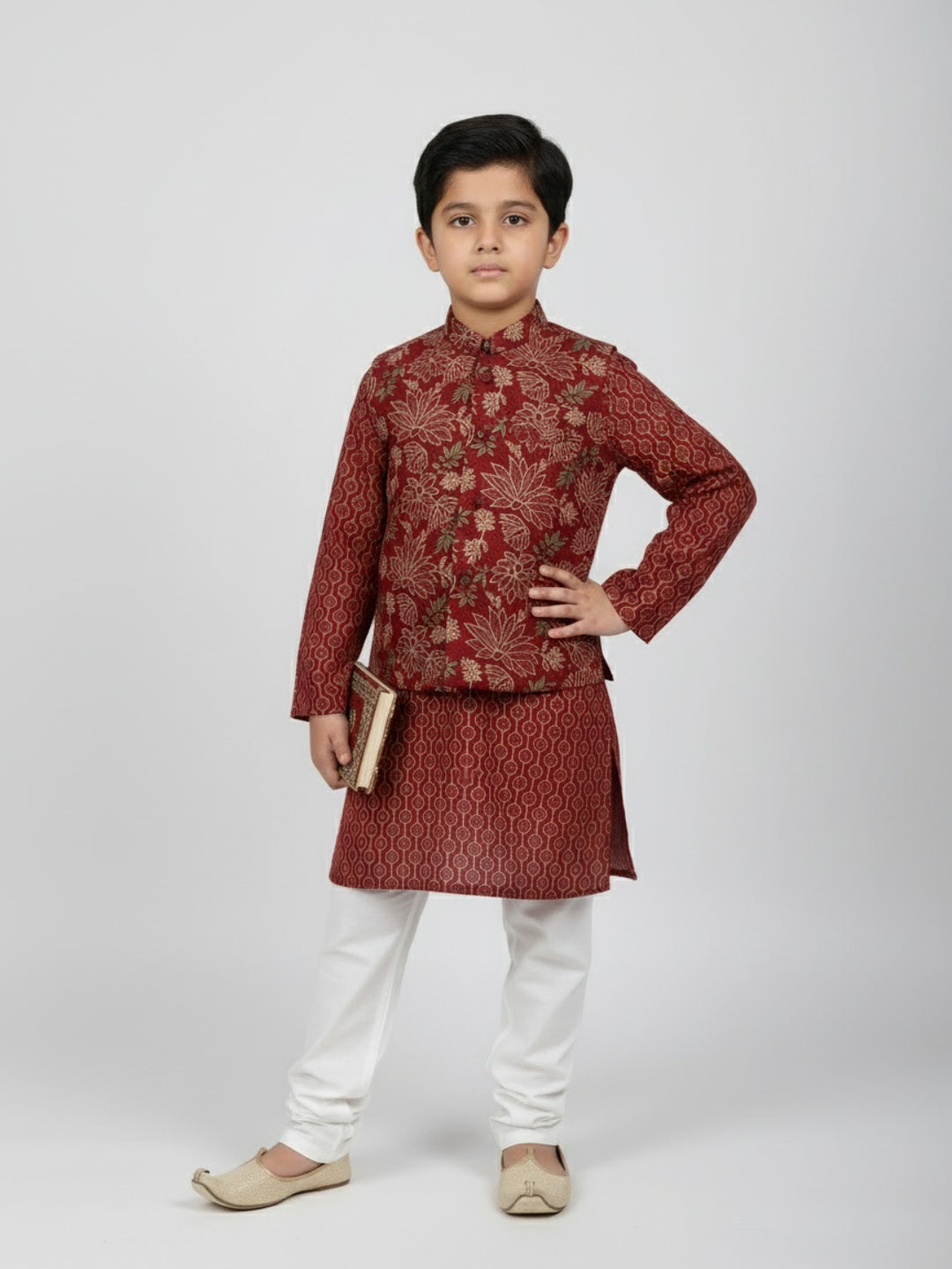 Boys Printed Kurta with Jacket and White Churidar Set