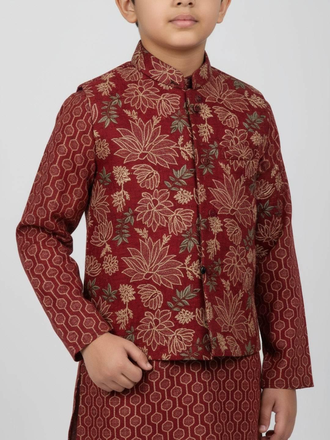 Boys Printed Kurta with Jacket and White Churidar Set