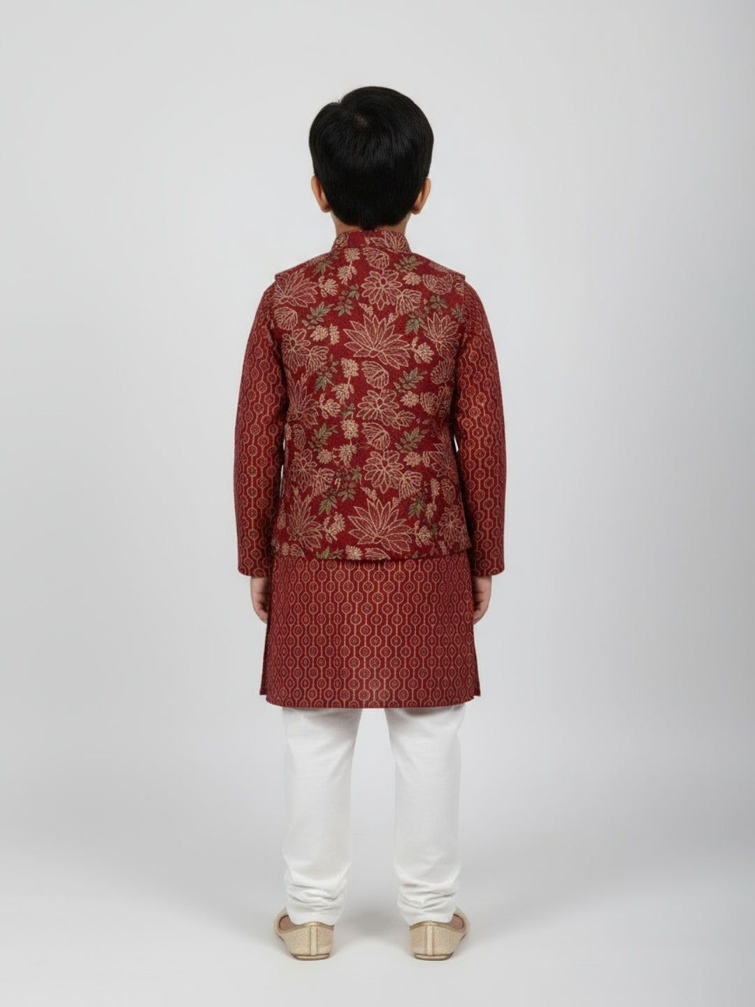 Boys Printed Kurta with Jacket and White Churidar Set