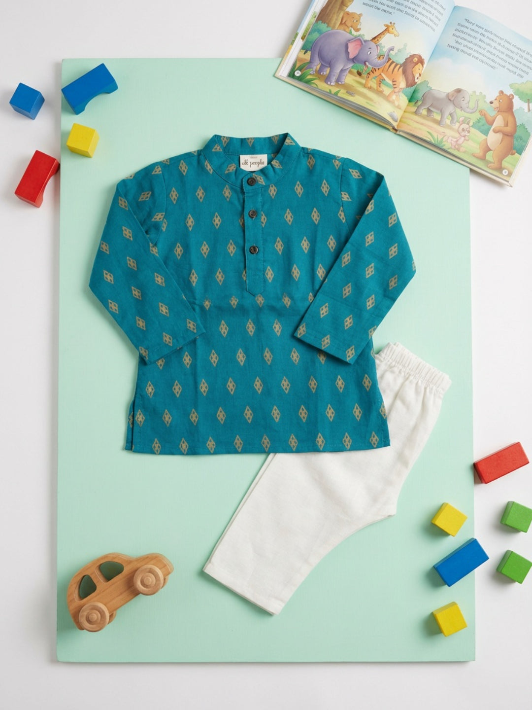 Biglilpeople Boys Teal Geometric Print Mandarin Collar Full Sleeves Straight Kurta Pyjamas Set